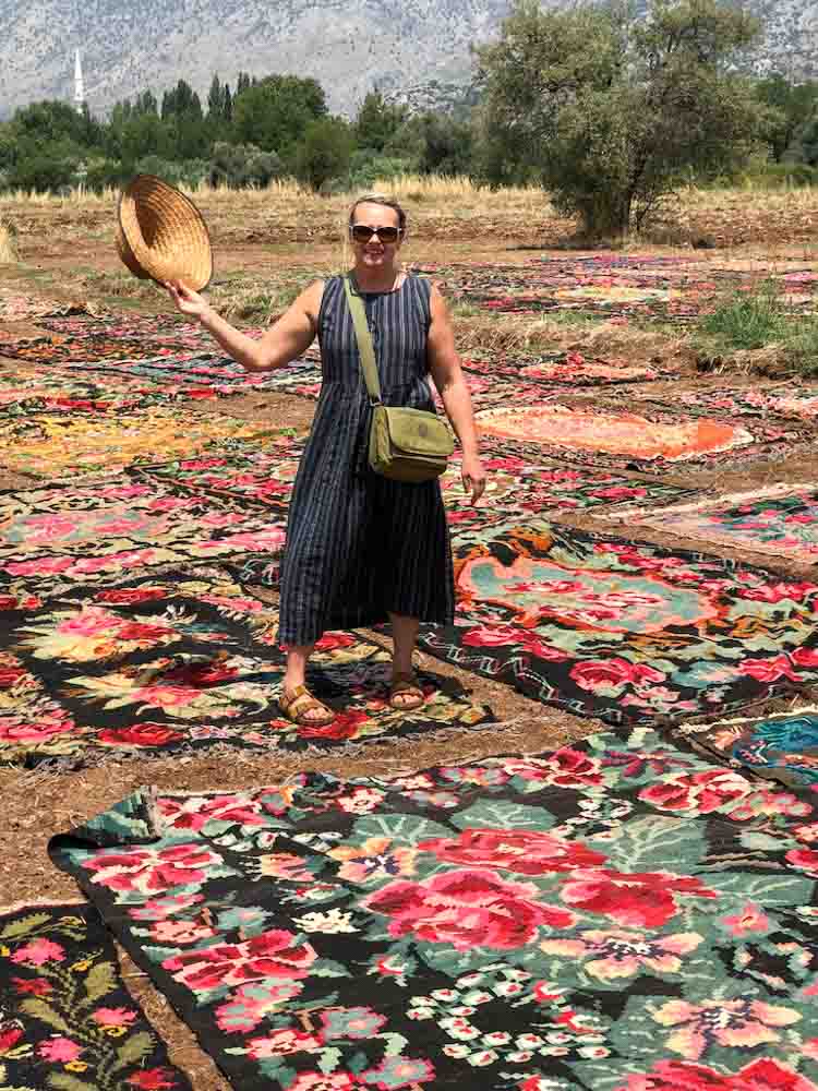 Checking The Sunning Of Floral Moldov Kilims Near Antalya